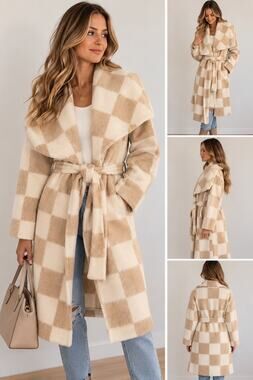 Georgie Women’s Cream/Camel Check Wrap Coat die small - NEW